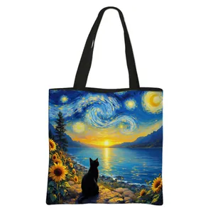Sac fourre-tout artistique avec chat noir et tournesols style peinture à l'huile
