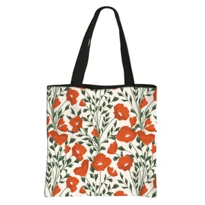 Floral tote bag with red flowers and black handles for women shopping use