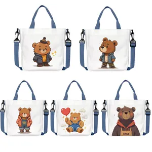 Simpatica Borsa Tote in Tela Con Stampa Orso Cartone Animato Borsa a Tracolla Multifunzionale Per Donna Uso Quotidiano Casual