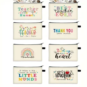 Eight canvas cosmetic bags with teacher-themed prints and rainbow floral designs