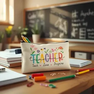 Detail of canvas pouch featuring Teacher print and Teach Love Inspire slogan with floral design