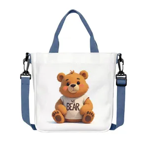 Borsa tote in tela bianca con stampa orsetto e tracolla blu regolabile in nylon