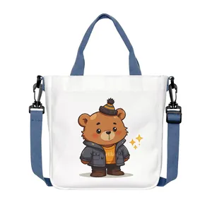 Borsa tote in tela con orsetto e tracolla blu regolabile con manico superiore