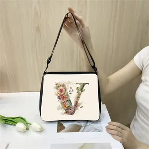 Women Fashion Floral Initial Alphabet A-Z Printed Shoulder Bag Polyester Large Capacity Crossbody Handbag Casual Square Tote Bag