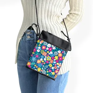 Vintage Floral Mini Phone Bag For Women Polyester Small Crossbody Bag Street Trend Checkerboard Cartoon Bear Mobile Shoulder Bag