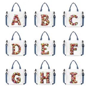 Women Floral Letter Canvas Tote Bag With Adjustable Strap Magnetic Buckle Elegant Shoulder Handbag For Daily Shopping School