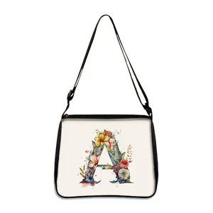 Floral A-letter print white shoulder bag with adjustable strap and large capacity
