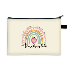 Canvas teacher makeup bag with rainbow apple design and Teacherlife inspirational quote
