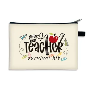 Teacher survival kit canvas pouch with colorful school stationery icons and black handle