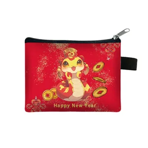 Mini porte-monnaie rouge Année du Serpent 2025 avec motif de serpent de dessin animé mignon