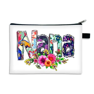 Witte canvas make-uptas met bloemige Nana-letters en gouden metalen ritssluiting