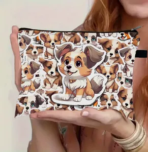 Detail of portable dog pattern cosmetic bag with black zipper and handy side strap