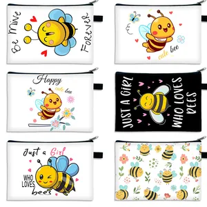 Cute Cartoon Bee Pattern Polyester Makeup Bag Large Capacity Travel Toiletry Storage Pouch Zipper Organizer For Women Daily