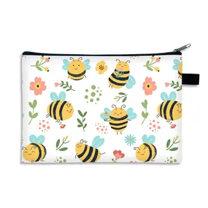 Cute honey bee pattern canvas makeup bag with black zipper and large capacity storage