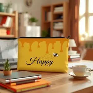 Detalle del neceser amarillo con abeja, texto Happy y patrón de gotas de miel decorativo