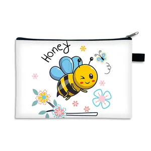Cute honey bee canvas makeup bag with floral patterns and large storage capacity