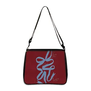 Minimalist red heart underarm bag with blue ribbon graphic and adjustable strap