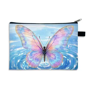 Portable luxury butterfly makeup bag with large capacity and watercolor art print