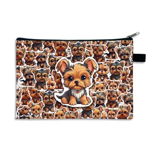 Portable Yorkshire Terrier print makeup bag with large capacity and sturdy handle