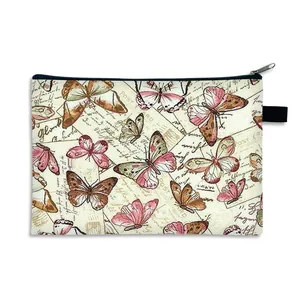 Large butterfly makeup bag with vintage postcard print and durable black zipper