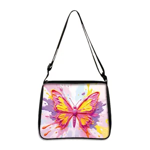 Vintage butterfly print shoulder bag with adjustable strap on white background