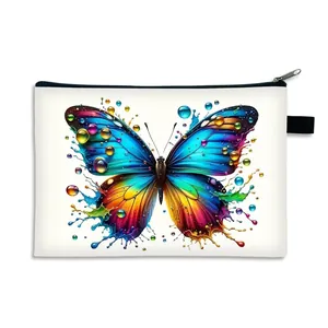Luxury butterfly printed canvas makeup bag with large capacity and zipper closure