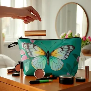 Borsa da Trucco di Grande Capacità con Stampa Floreale di Farfalle per Donna Organizer da Viaggio Portatile in Poliestere con Cerniera
