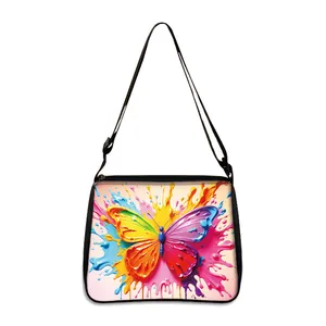 Chic black underarm bag with colorful 3D paint splash butterfly print and adjustable strap