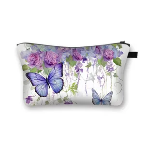 Borsa da trucco con farfalla verde, rose viola e comoda maniglia con cerniera lampo
