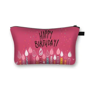 Portable Happy Birthday bear makeup bag with large capacity and festive candle prints