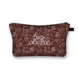 Burgundy Happy Birthday bear cosmetic bag with festive illustrations and top handle