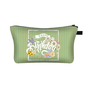 Portable Happy Birthday teddy green striped makeup bag with floral patterns and handle