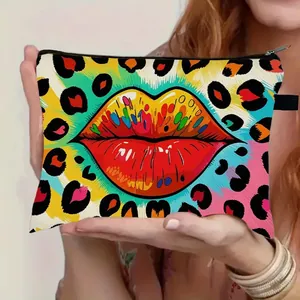 Leopard Print Lip Pattern Cosmetic Bag For Women Portable Polyester Travel Toiletry Bag Large Capacity Zipper Storage Pouch