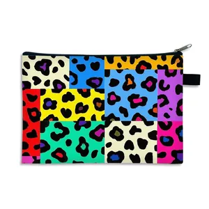 Foldable leopard print cosmetic bag with vibrant multicolor patterns and metal zipper