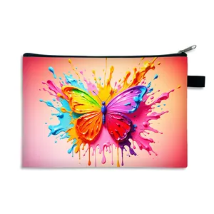 Weiße Canvas-Kosmetiktasche mit farbenfrohem Schmetterling-Kunstdruck und Reißverschluss
