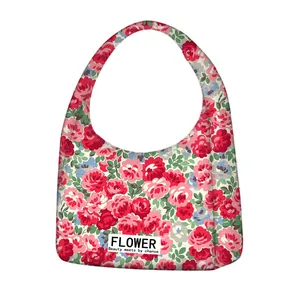 Bolso tote grande de lona con flores rosas y correas de hombro para mujer