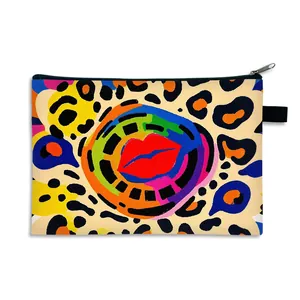 Lip print leopard pattern makeup bag with zipper closure for travel storage and toiletries