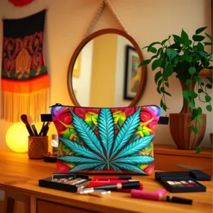Detail view of sunflower dumpling makeup bag with colorful mandala and leaf print