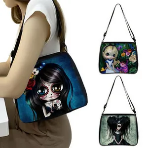 Detail view of gothic style crossbody bag with adjustable strap and Alice pattern