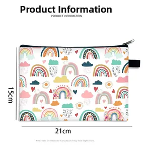 Detailed view of rainbow print makeup bag with dimensions 21x15cm and zipper closure