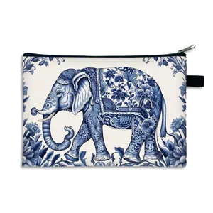 Waterproof elephant print makeup bag with vintage blue and white floral porcelain patterns