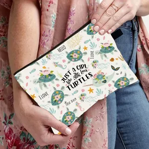 Women Portable Polyester Makeup Bag With Turtle Marine Life Print Foldable Travel Cosmetic Pouch Zipper Toiletry Organizer