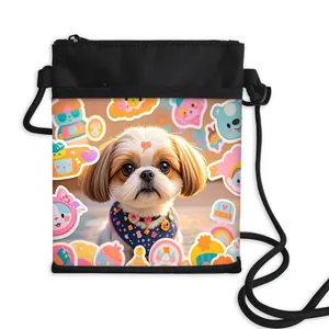 Kleine zwarte crossbody tas met Shih Tzu hond print en kleurrijke sticker patronen