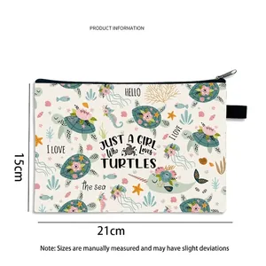 Lightweight canvas cosmetic bag with ocean animal print and 21x15cm size specs