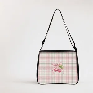 Vintage pink plaid tote bag featuring a cute cherry print and stylish bow design