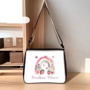 Detail of Rainbow Flower print on a portable white shoulder bag with black strap