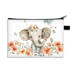 Waterproof elephant print makeup bag with floral design and convenient zipper