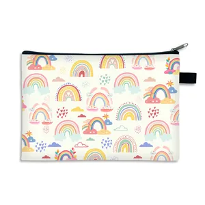 Waterproof rainbow cosmetic bag with colorful hand-drawn patterns and black zipper closure