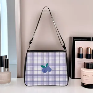 Vintage purple plaid tote bag with blueberry print and adjustable black shoulder strap