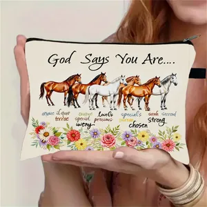 Women Portable Makeup Bag Horse Flower Print Large Capacity Polyester Zipper Toiletry Organizer Pouch Travel Wash Bag